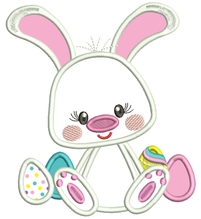 Cute Little Bunny With Easter Eggs Applique Machine Embroidery Design Digitized