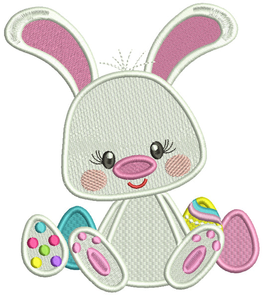 Cute Little Bunny With Easter Eggs Filled Machine Embroidery Design Digitized