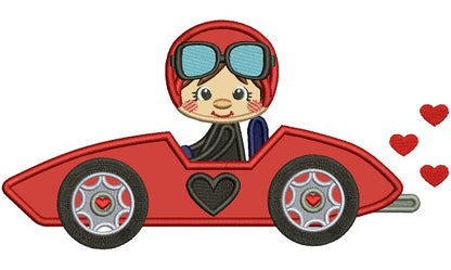Cute Little Car Racer With Hearts Applique Valentine's Day Machine Embroidery Design Digitized Pattern