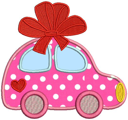 Cute Little Car With a Giant Bow Applique Machine Embroidery Design Digitized Pattern
