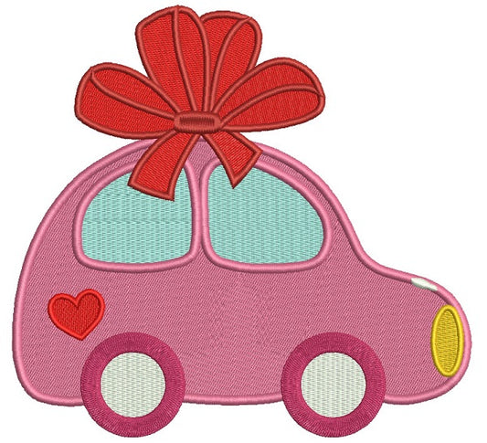 Cute Little Car With a Giant Bow Filled Machine Embroidery Design Digitized Pattern