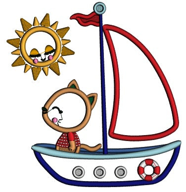 Cute Little Cat Captain On A Sailboat Applique Machine Embroidery Design Digitized Pattern