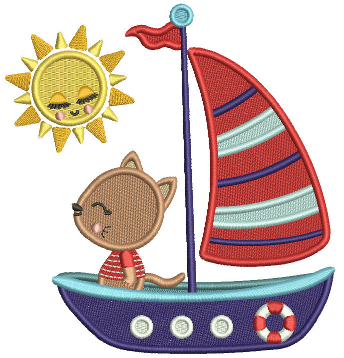 Cute Little Cat Captain On A Sailboat Filled Machine Embroidery Design Digitized Pattern
