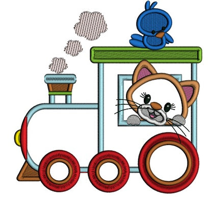 Cute Little Cat Sitting Inside a Train Applique Machine Embroidery Design Digitized Pattern