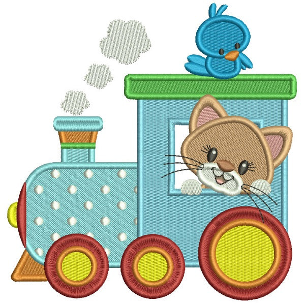 Cute Little Cat Sitting Inside a Train Filled Machine Embroidery Design Digitized Pattern