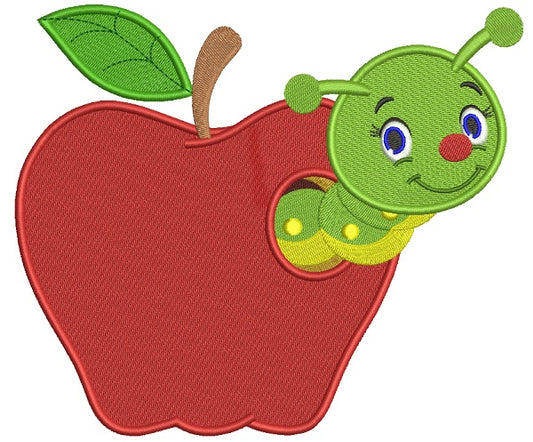 Cute Little Caterpillar Inside Apple School Filled Machine Embroidery Design Digitized Pattern