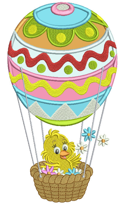 Cute Little Chick Flying a Hot Air Ballon Applique Machine Embroidery Design Digitized Pattern