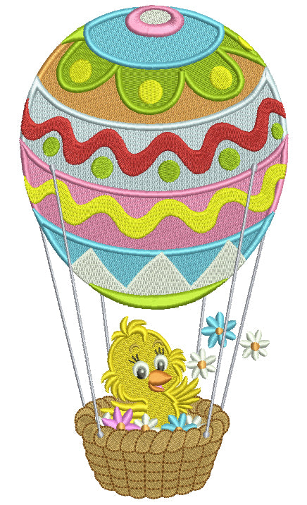 Cute Little Chick Flying a Hot Air Ballon Filled Machine Embroidery Design Digitized Pattern