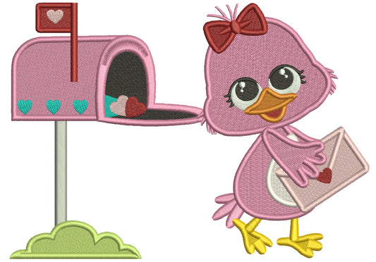 Cute Little Chick Getting Envelope With Heart Valentine's Day Filled Machine Embroidery Design Digitized Pattern