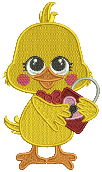Cute Little Chick Holding Lock With Heart Valentine's Day Filled Machine Embroidery Design Digitized Pattern