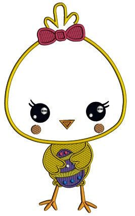 Cute Little Chick Holding an Easter Egg Applique Machine Embroidery Design Digitized Pattern
