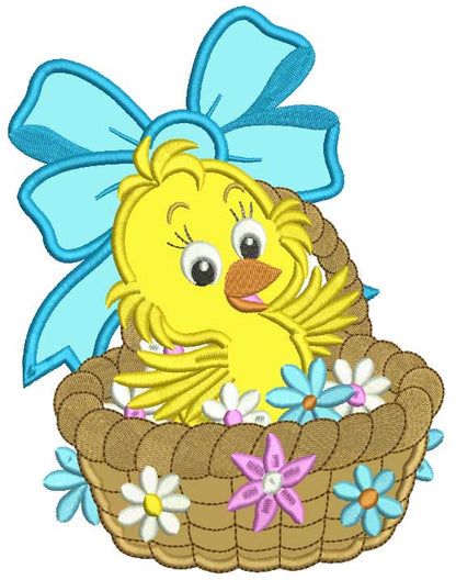 Cute Little Chick Sitting In a Flower Basket Applique Machine Embroidery Design Digitized Pattern