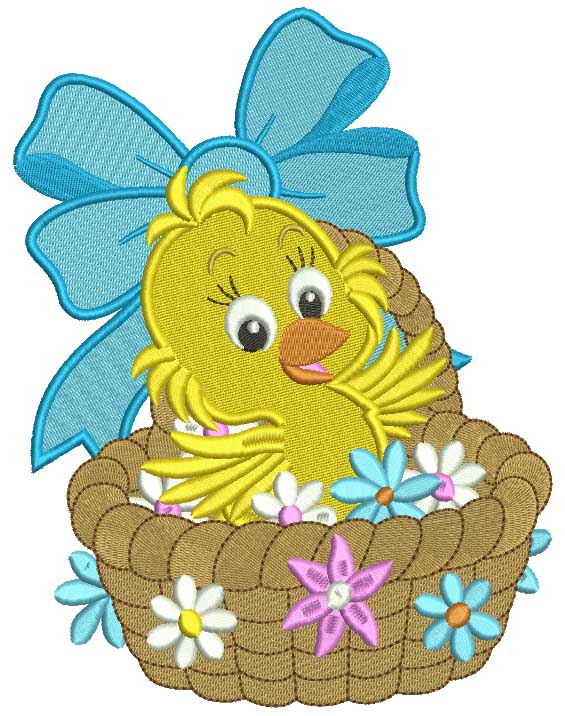 Cute Little Chick Sitting In a Flower Basket Filled Machine Embroidery Design Digitized Pattern