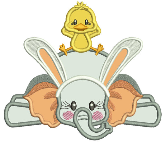 Cute Little Chick Sitting On Elephant Wearing Bunny Ears Easter Applique Machine Embroidery Design Digitized Pattern