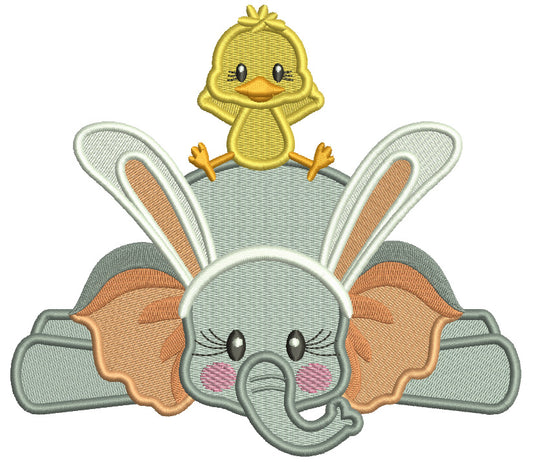 Cute Little Chick Sitting On Elephant Wearing Bunny Ears Easter Filled Machine Embroidery Design Digitized Pattern