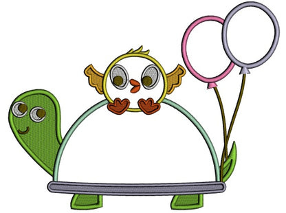 Cute Little Chick Sitting On The Turtle With Balloons Easter Applique Machine Embroidery Design Digitized Pattern