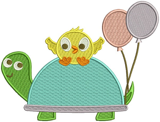 Cute Little Chick Sitting On The Turtle With Balloons Easter Filled Machine Embroidery Design Digitized Pattern