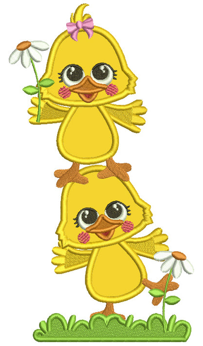 Cute Little Chicks One on Top Of Another Applique Easter Machine Embroidery Design Digitized Pattern