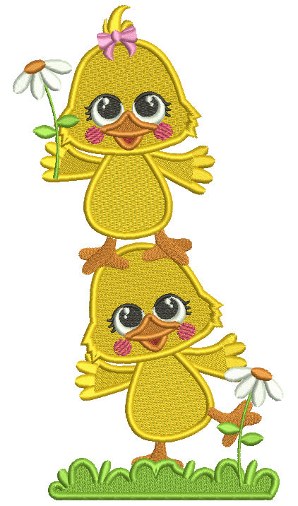Cute Little Chicks One on Top Of Another Filled Easter Machine Embroidery Design Digitized Pattern