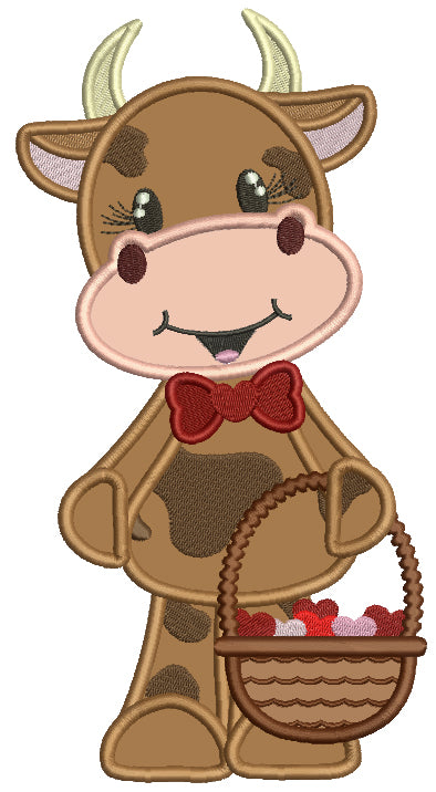 Cute Little Cow Holding Basket Full Of Hearts Applique Valentine's Day Machine Embroidery Design Digitized Pattern