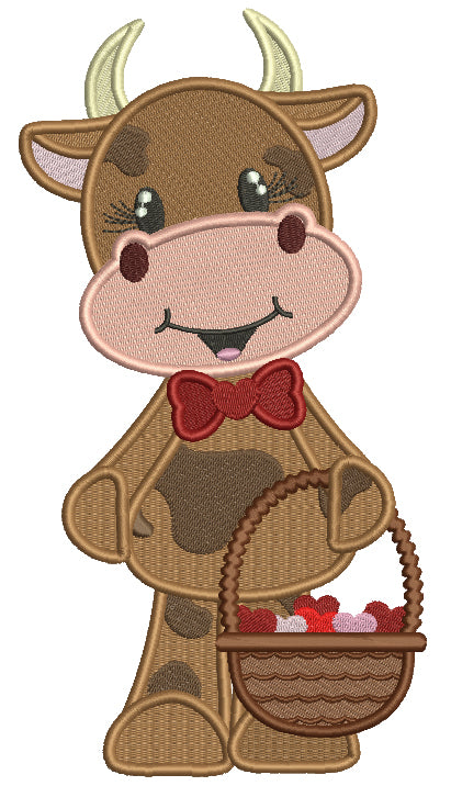 Cute Little Cow Holding Basket Full Of Hearts Filled Valentine's Day Machine Embroidery Design Digitized Pattern