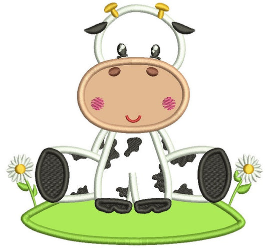 Cute Little Cow Sitting On The Grass With Flowers Applique Machine Embroidery Design Digitized Pattern
