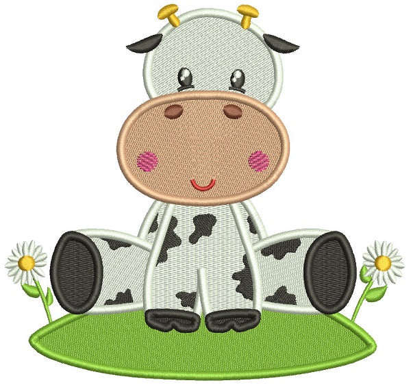 Cute Little Cow Sitting On The Grass With Flowers Filled Machine Embroidery Design Digitized Pattern