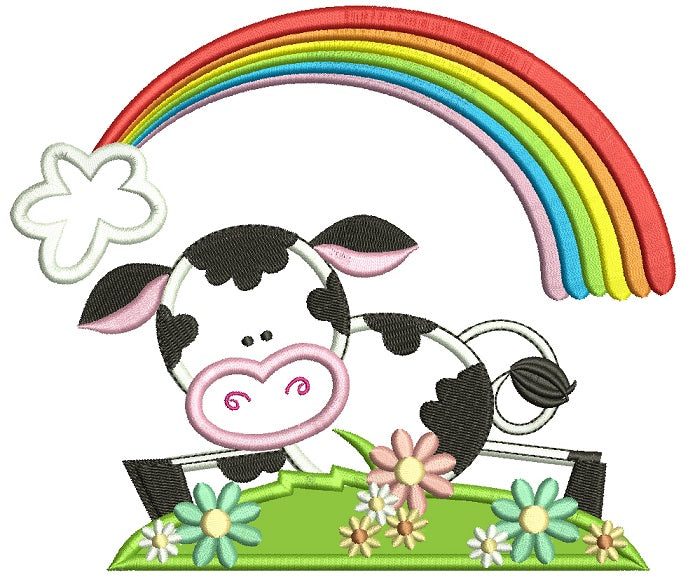 Cute Little Cow Under The Rainbow Applique Machine Embroidery Digitized Design Pattern