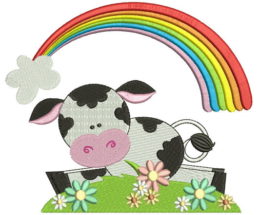 Cute Little Cow Under The Rainbow Filled Machine Embroidery Digitized Design Pattern