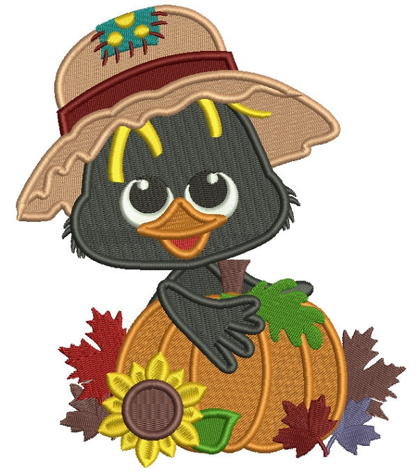 Cute Little Crow Holding Big Pumpkin Fall Thanksgiving Filled Machine Embroidery Design Digitized Pattern