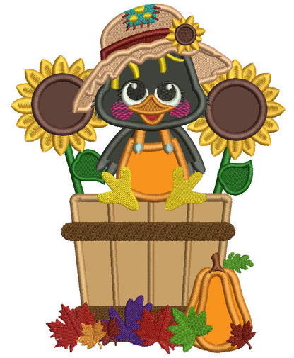 Cute Little Crow Sitting Inside Sitting Inside a Basket With Sunflowers Fall Applique Thanksgiving Machine Embroidery Design Digitized Pattern