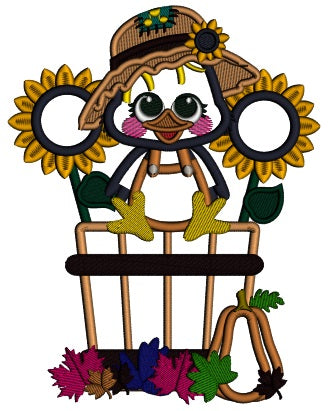 Cute Little Crow Sitting Inside Sitting Inside a Basket With Sunflowers Fall Applique Thanksgiving Machine Embroidery Design Digitized Pattern
