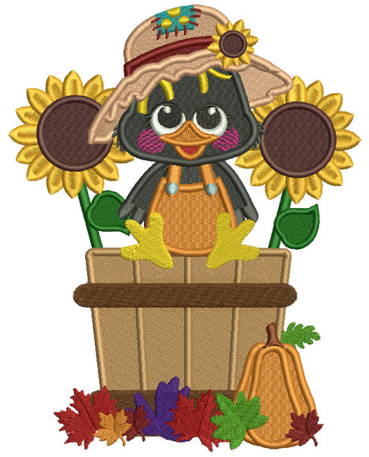 Cute Little Crow Sitting Inside Sitting Inside a Basket With Sunflowers Fall Filled Thanksgiving Machine Embroidery Design Digitized Pattern