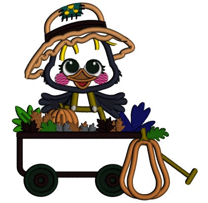 Cute Little Crow Sitting Inside The Cart With Pumpkins Applique Thanksgiving Filled Machine Embroidery Design Digitized Pattern
