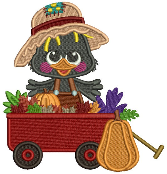 Cute Little Crow Sitting Inside The Cart With Pumpkins Fall Thanksgiving Filled Machine Embroidery Design Digitized Pattern