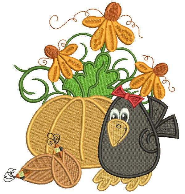 Cute Little Crow With Fancy Pumpkin Filled Machine Embroidery Design Digitized Pattern