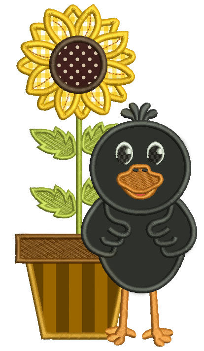 Cute Little Crow With a Sunflower Applique Machine Embroidery Design Digitized Pattern