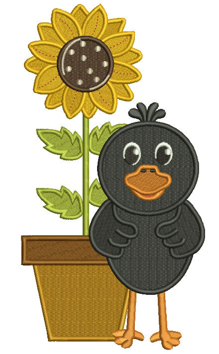 Cute Little Crow With a Sunflower Filled Machine Embroidery Design Digitized Pattern