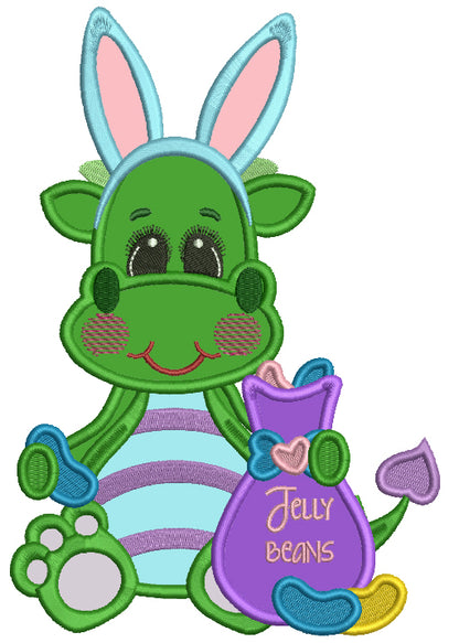 Cute Little Dino Holding Bag With Jelly Beans Applique Easter Machine Embroidery Design Digitized Pattern