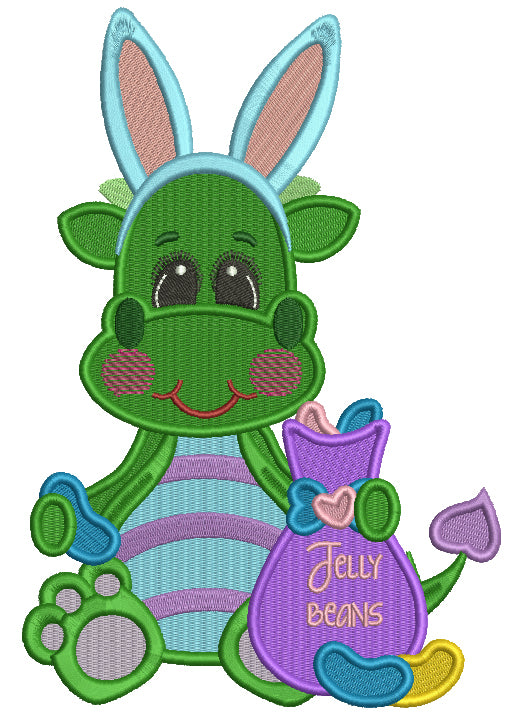 Cute Little Dino Holding Bag With Jelly Beans Filled Easter Machine Embroidery Design Digitized Pattern