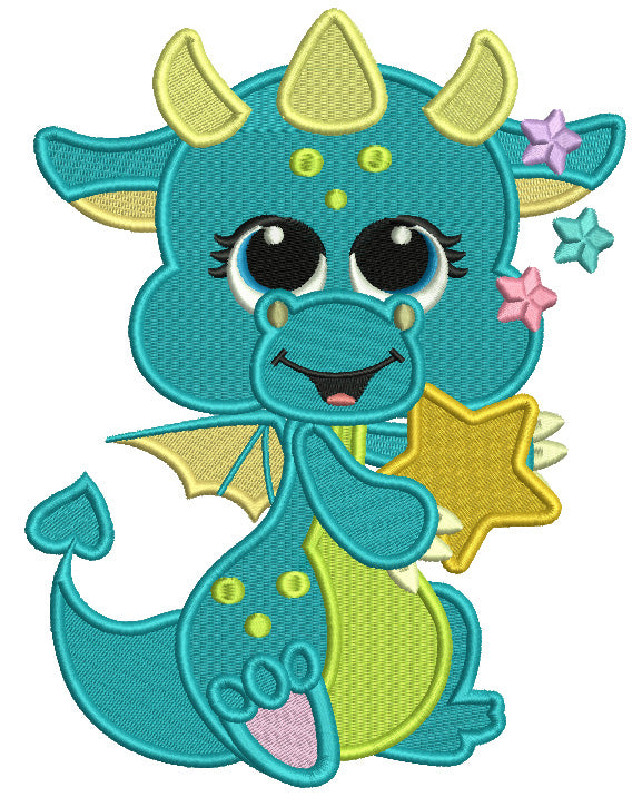 Cute Little Dino Holding Big Star Filled Machine Embroidery Design Digitized Pattern