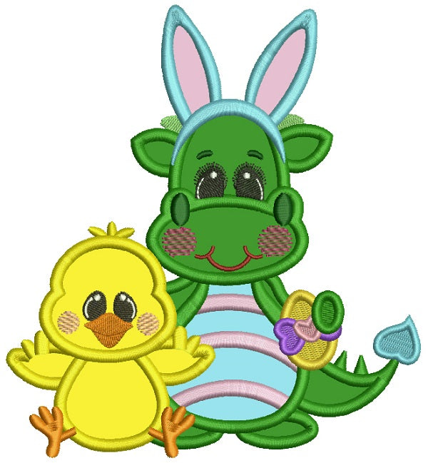 Cute Little Dino Wearing Bunny Ears And a Chick Applique Easter Machine Embroidery Design Digitized Pattern