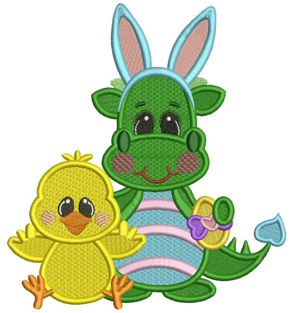 Cute Little Dino Wearing Bunny Ears And a Chick Filled Easter Machine Embroidery Design Digitized Pattern