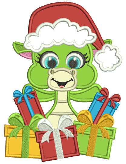 Cute Little Dino Wearing Santa Hat Holding Presents Applique Christmas Machine Embroidery Design Digitized Pattern