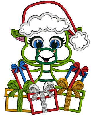 Cute Little Dino Wearing Santa Hat Holding Presents Applique Christmas Machine Embroidery Design Digitized Pattern