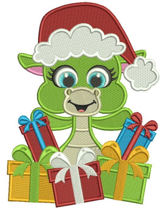 Cute Little Dino Wearing Santa Hat Holding Presents Filled Christmas Machine Embroidery Design Digitized Pattern