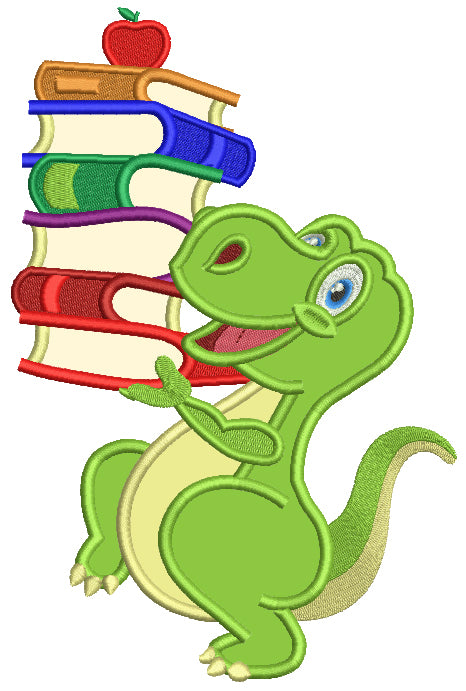 Cute Little Dino With Books School Applique Machine Embroidery Design Digitized Pattern