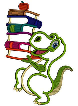 Cute Little Dino With Books School Applique Machine Embroidery Design Digitized Pattern