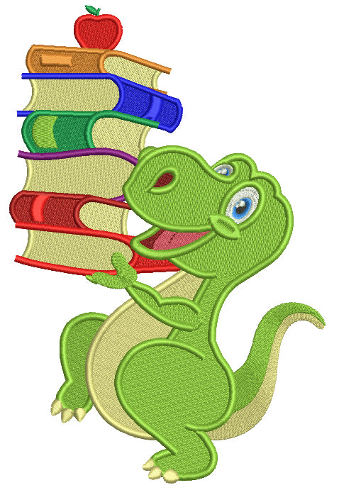 Cute Little Dino With Books School Filled Machine Embroidery Design Digitized Pattern