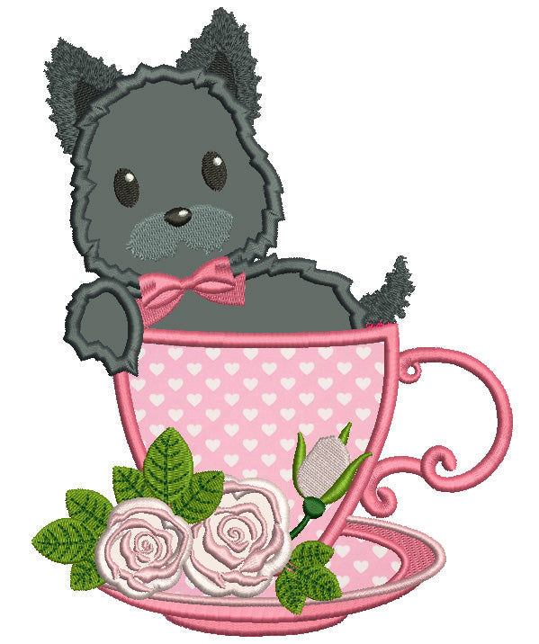 Cute Little Dog Sitting In a Beautiful Cup Applique Machine Embroidery Design Digitized Pattern